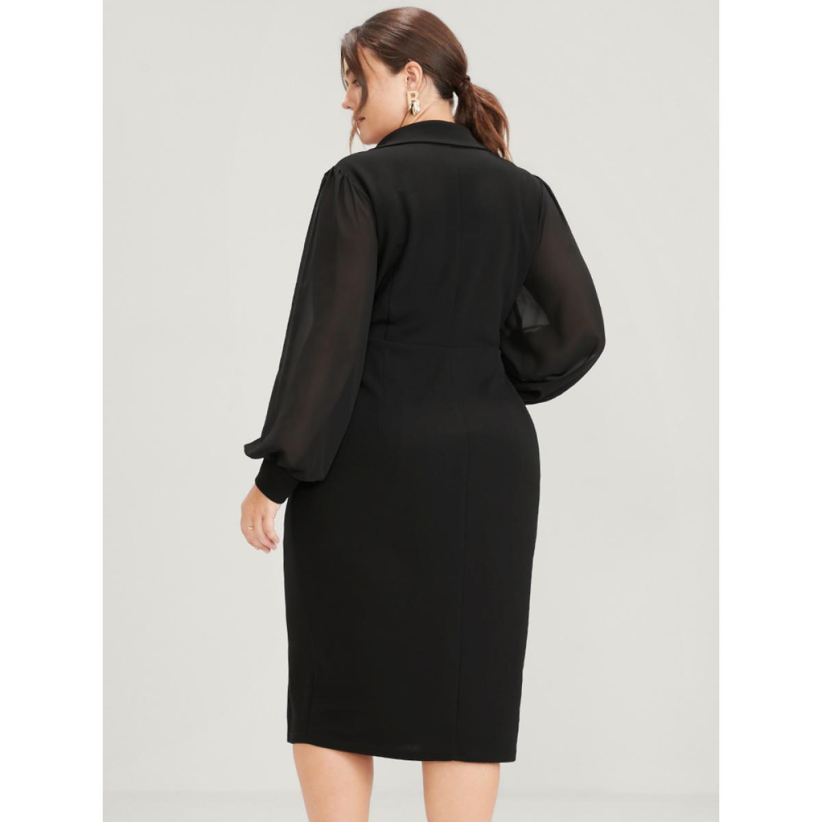 Plus Size Solid Mesh Lantern Sleeve Button Wrap Knee Dress Black Women Office Patchwork Lapel Collar Long Sleeve Curvy Knee Dress BloomChic 26/4X Product Image