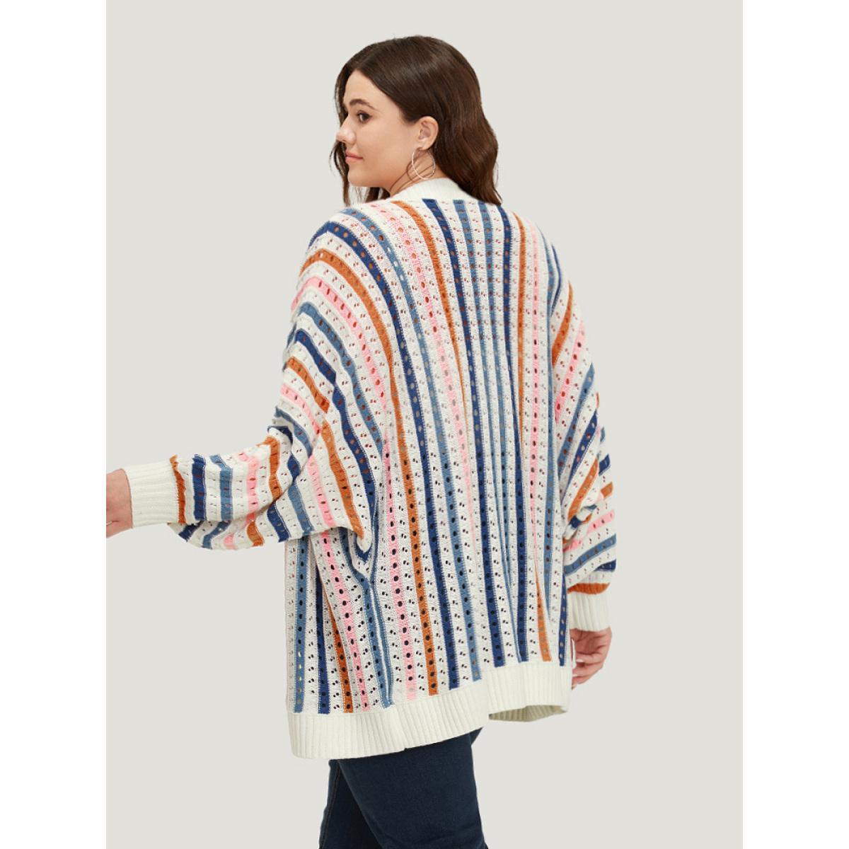 Plus Size Rainbow Striped Button Through Eyelet Cardigan Multicolor Women Casual Loose Long Sleeve Dailywear Cardigans BloomChic 14-16/1X Product Image