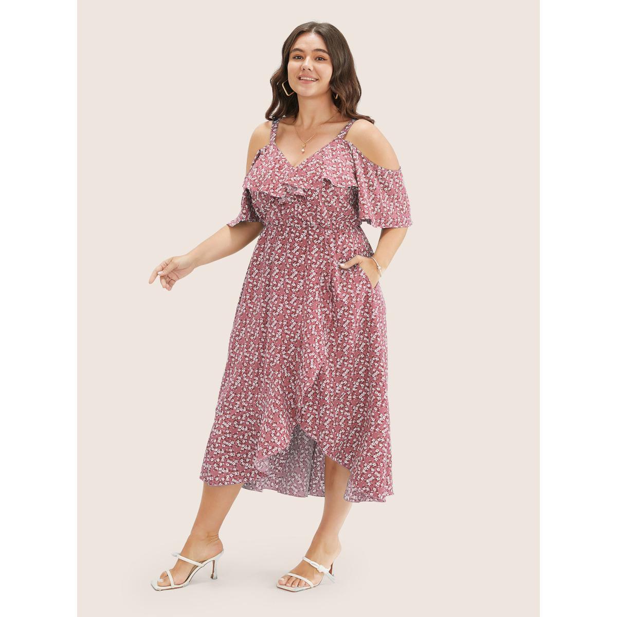 Plus Size Ditsy Floral Pocket Wrap Cold Shoulder Ruffle Dress DustyPink Women Elegant Non Overlap Collar Short sleeve Curvy Midi Dress BloomChic 12/L Product Image