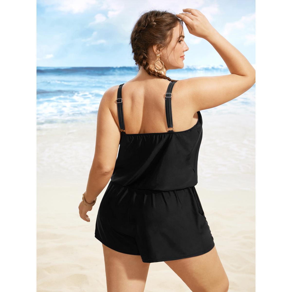 Plus Size Solid Keyhole Elastic Waist Gathered One Piece Swimsuit Women's Swimwear Black Beach Gathered Curve Bathing Suits High stretch One Pieces BloomChic 10/M Product Image