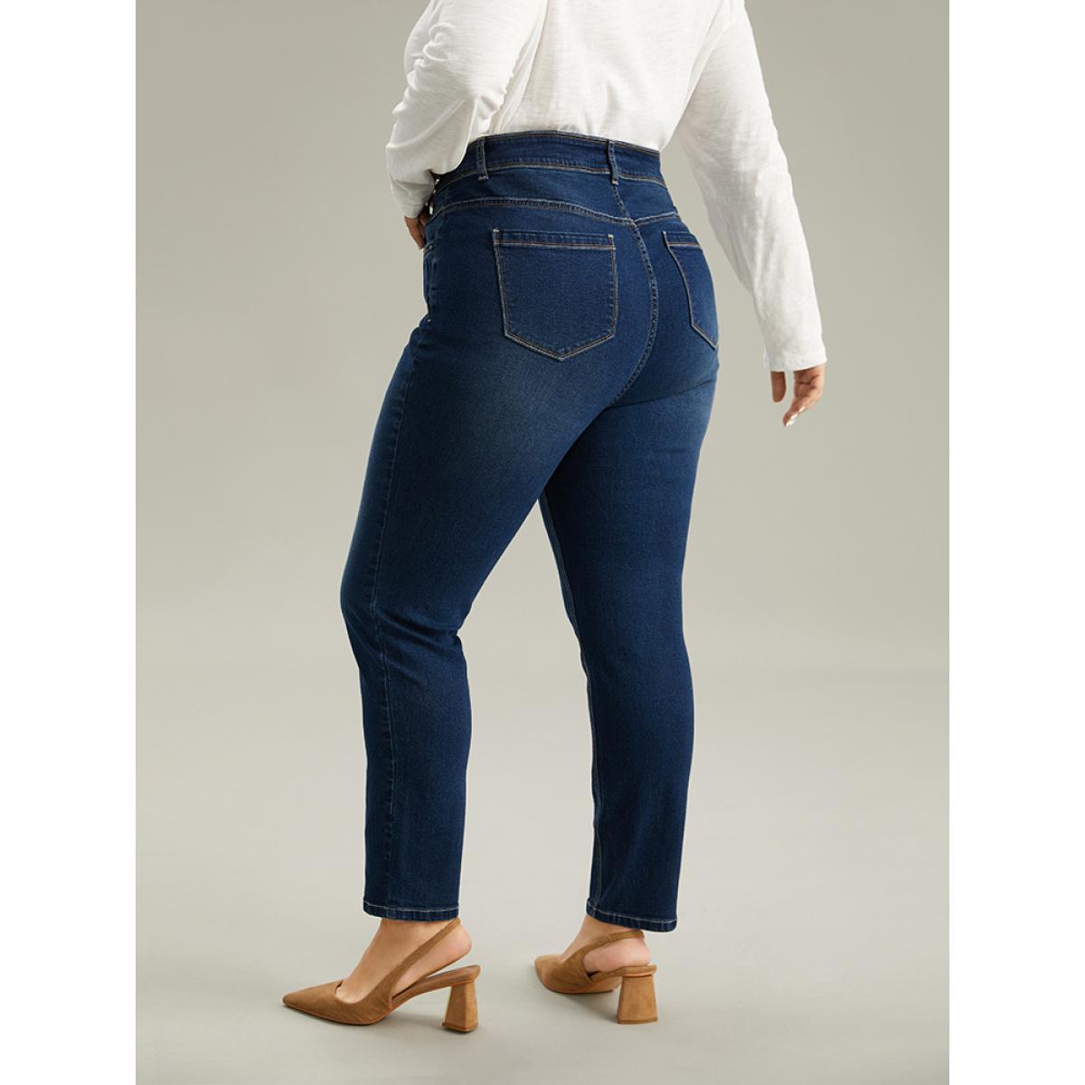 Plus Size Beaded Detail Pocket Full Length Jeans Women Indigo Casual Plain Beaded High stretch Pocket Jeans BloomChic 24/3X Product Image