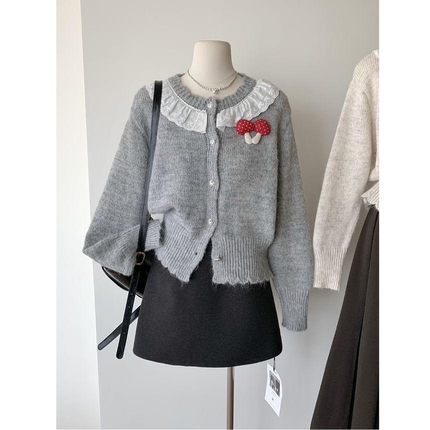 Round Neck Lace Trim Button Cardigan Product Image