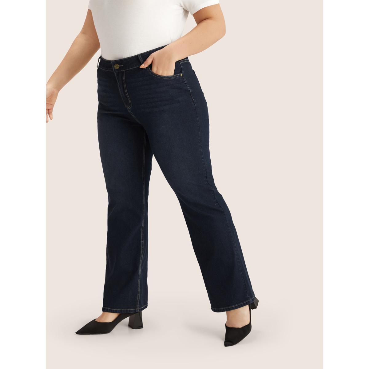 Plus Size Plain Bootcut Pocket Zipper Fly Jeans Women DarkBlue Casual Plain Non High stretch Slanted pocket Jeans BloomChic 30/6X Product Image