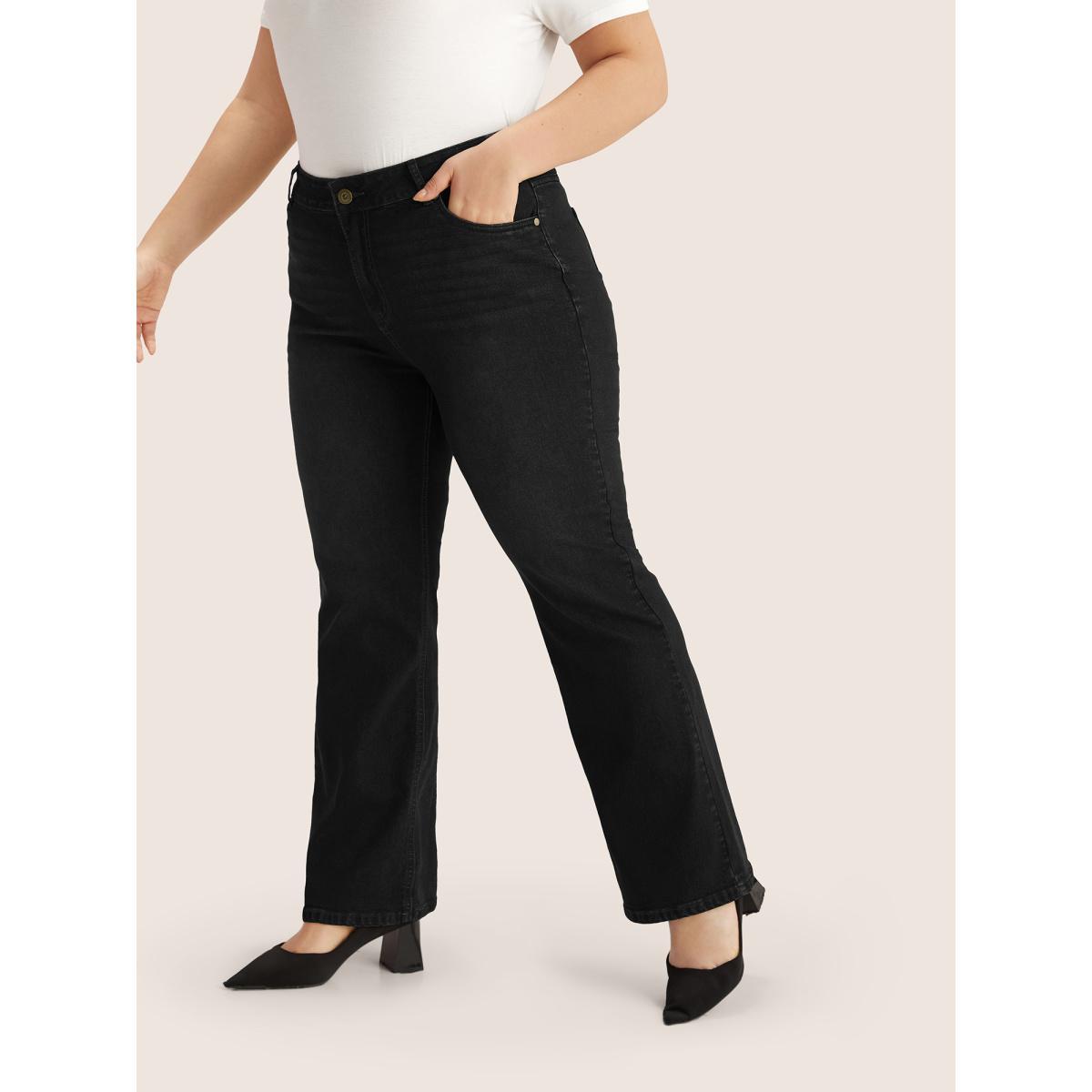 Plus Size Plain Bootcut Pocket Zipper Fly Jeans Women Black Casual Plain Non High stretch Slanted pocket Jeans BloomChic 14/1X Product Image