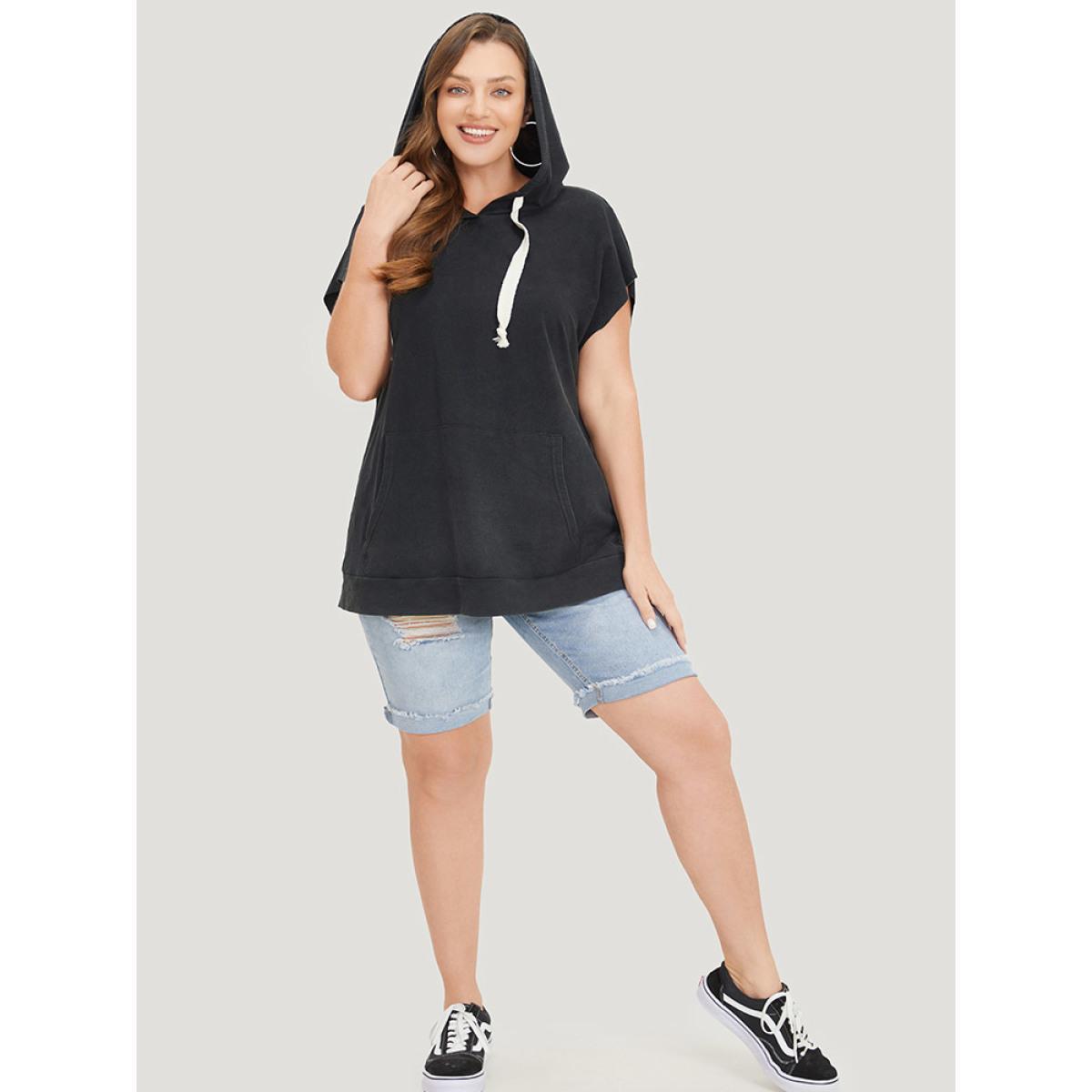 Plus Size Hooded Ties Pocket Batwing Sleeve T-shirt Black Women Casual Cross straps Plain Hooded Dailywear T-shirts BloomChic 14-16/1X Product Image
