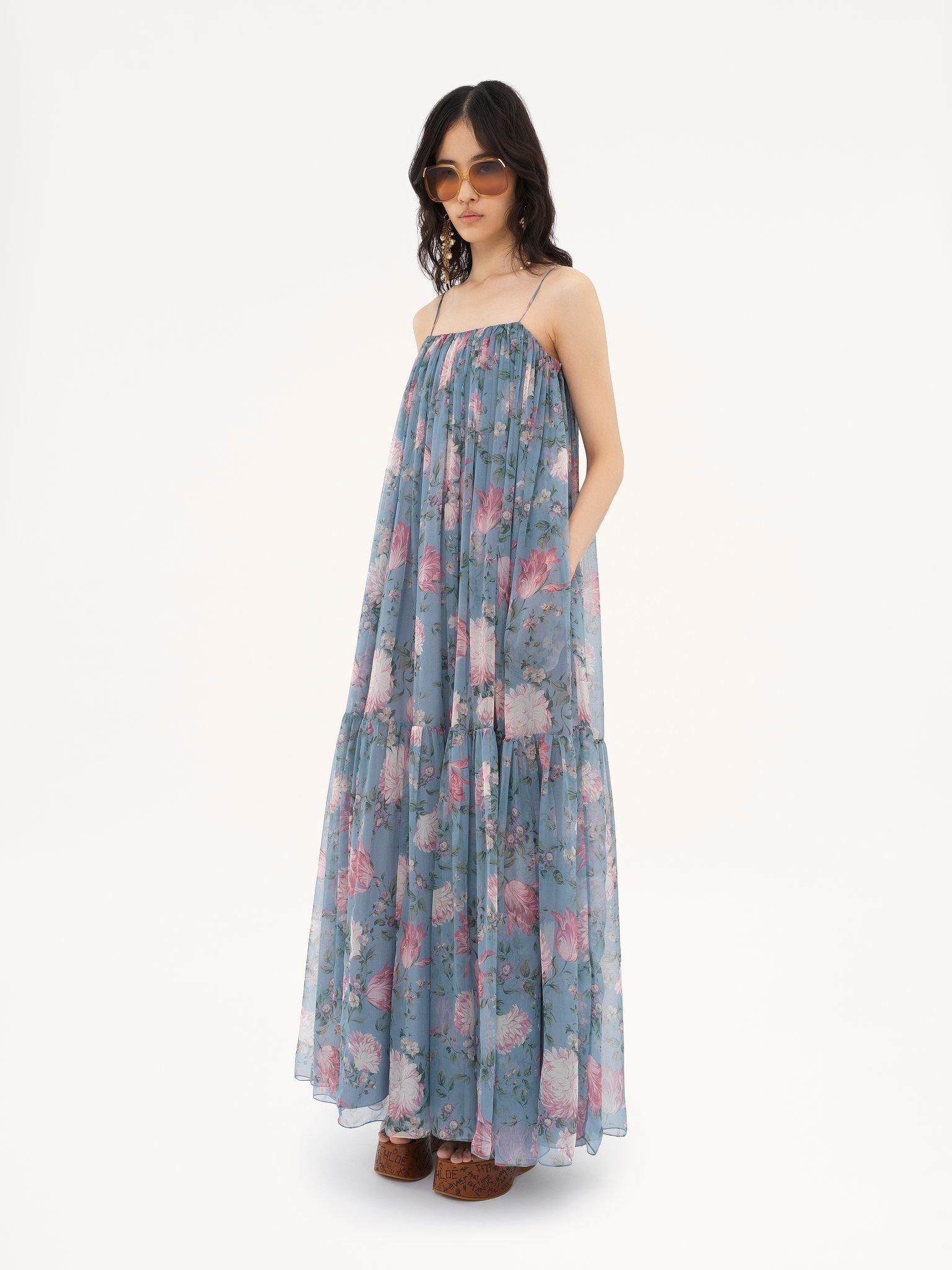 Sleeveless long dress in silk mousseline Product Image