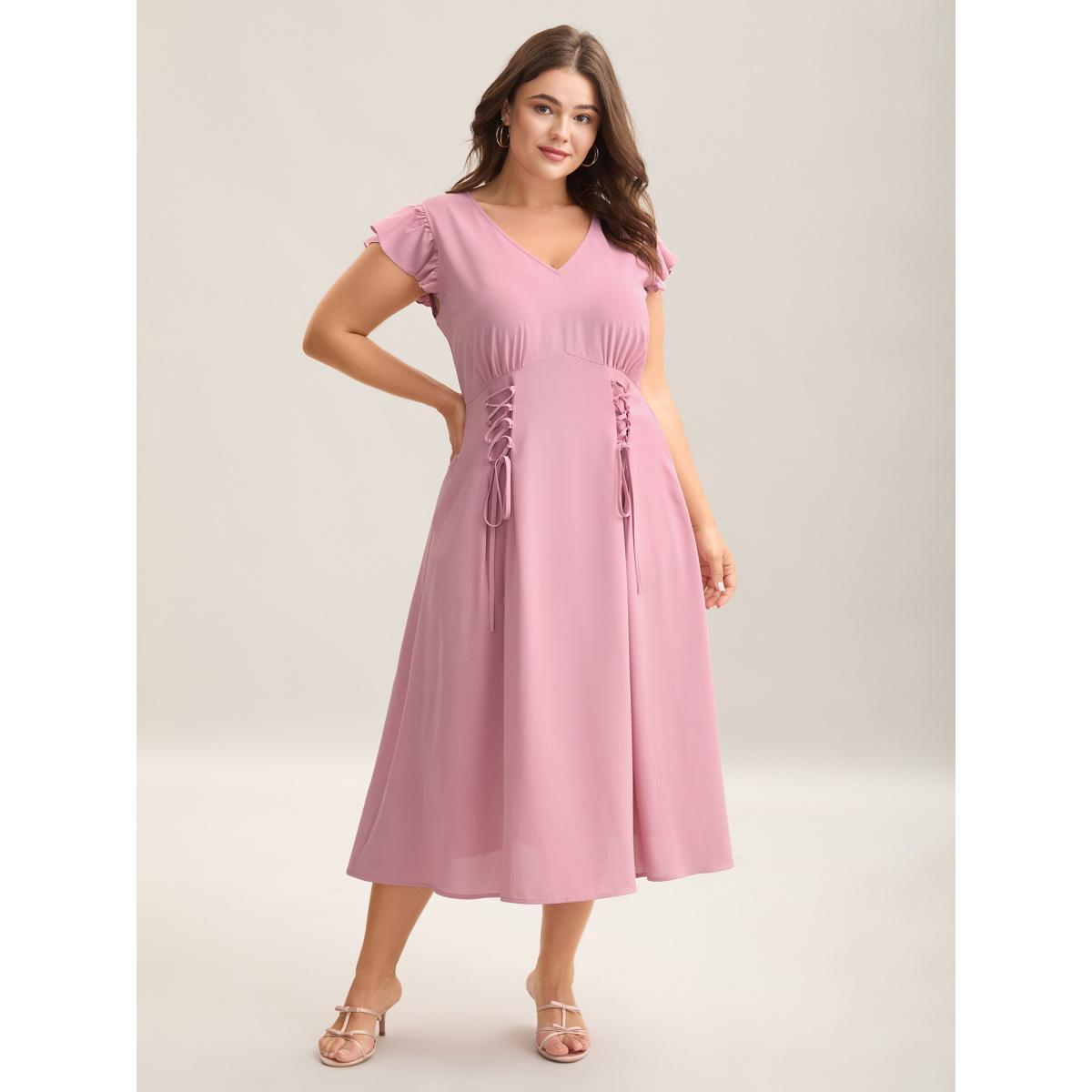 Plus Size Tie-Up Panels Solid Pockets Midi Dress Crepe Women V-neck Cap Sleeve Curvy BloomChic 14-16/1X Product Image