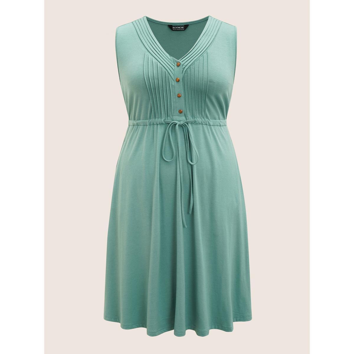 Plus Size V Neck Drawstring Button Detail Pleated Dress Mint Women Casual Pleated V-neck Sleeveless Curvy BloomChic 28/5X Product Image