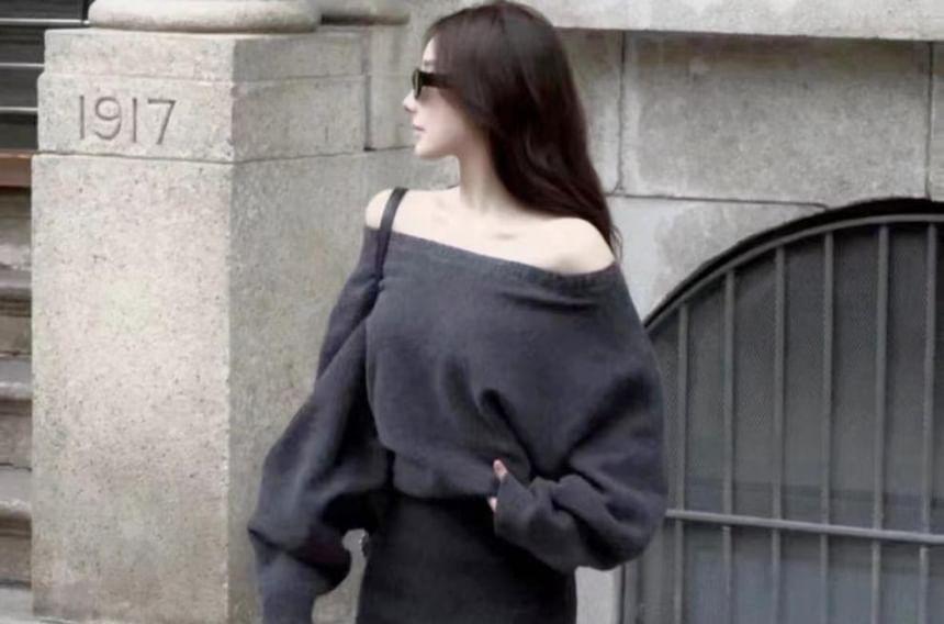 Off-Shoulder Plain Ribbed Mini Sweater Dress Product Image