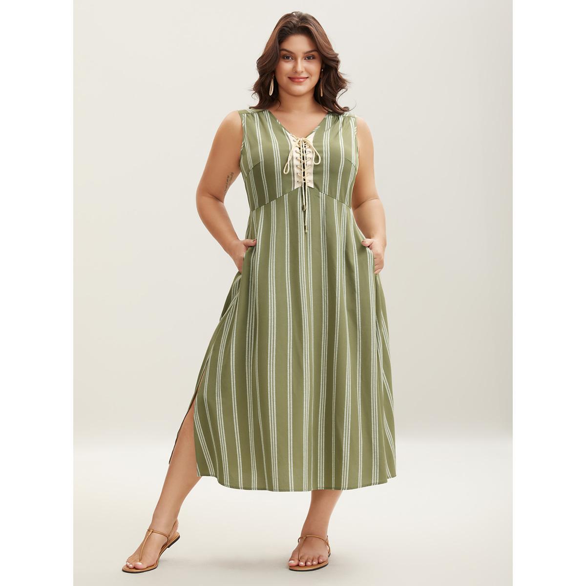 Plus Size Solid Stripes Bust Lace-Up Midi Dress Olive Women V-neck Sleeveless Curvy BloomChic 14-16/1X Product Image