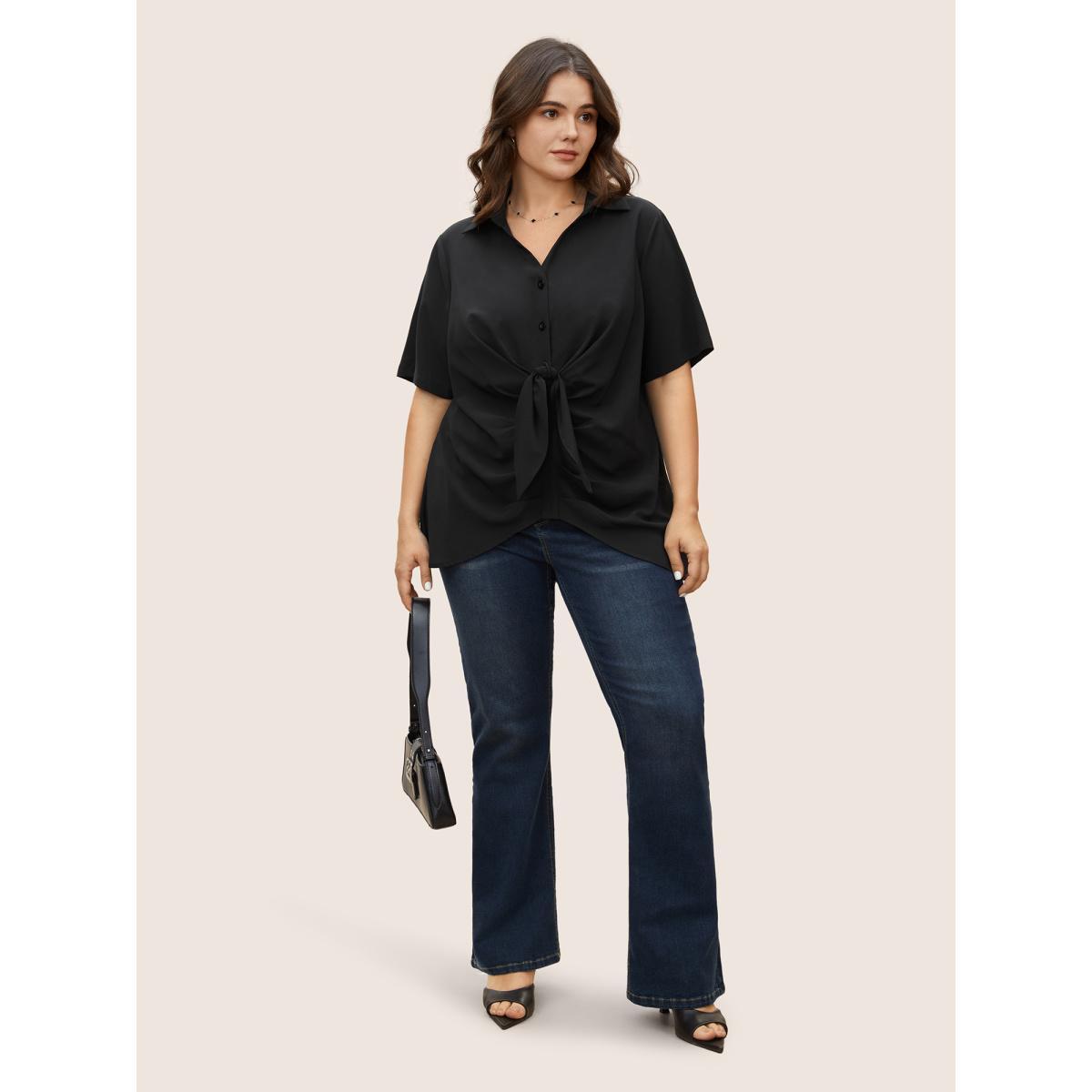 Plus Size Black Plain Tie Knot Stretchy Woven Pleated Blouse Women Work From Home Short sleeve Shirt collar Work Blouses BloomChic 10/M Product Image