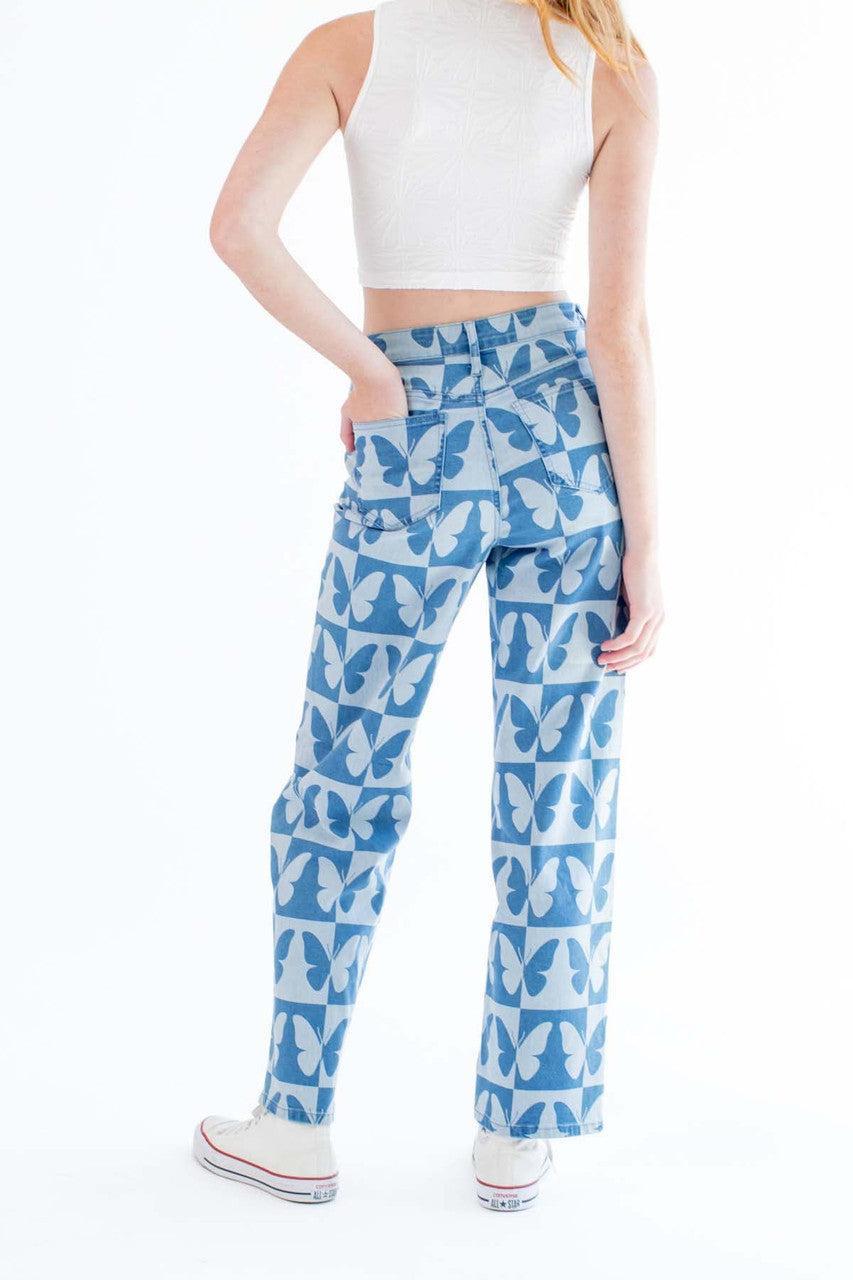 Checkered Butterfly Print Jeans Product Image