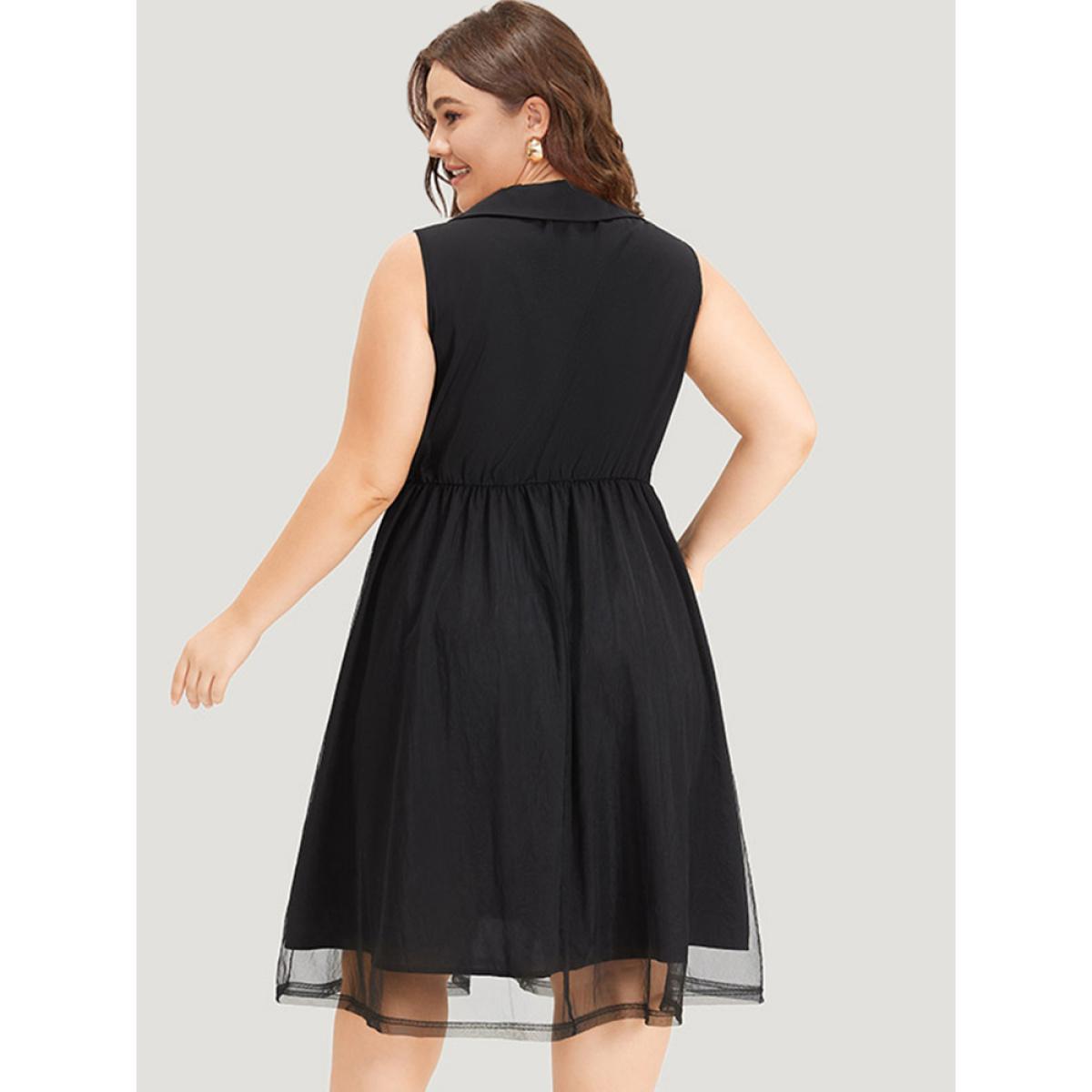 Plus Size Shirt Collar Pocket Mesh Elastic Waist Sleeveless Dress Black Women Elegant Lined Shirt collar Sleeveless Curvy Midi Dress BloomChic 22-24/3X Product Image