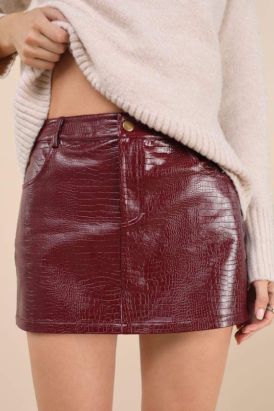Excellent Mood Burgundy Croc-Embossed Vegan Leather Mini Skirt Product Image