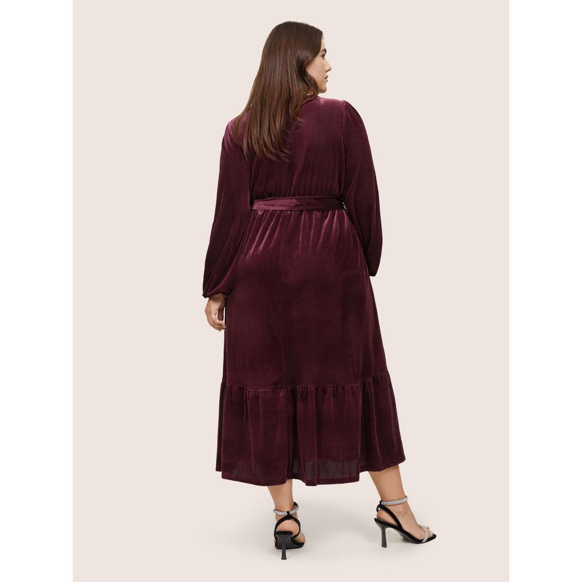 Plus Size Velvet Belted Square Neck Gathered Dress Russet Women Glamour Velvet Square Neck Long Sleeve Curvy Midi Dress BloomChic 12/L Product Image