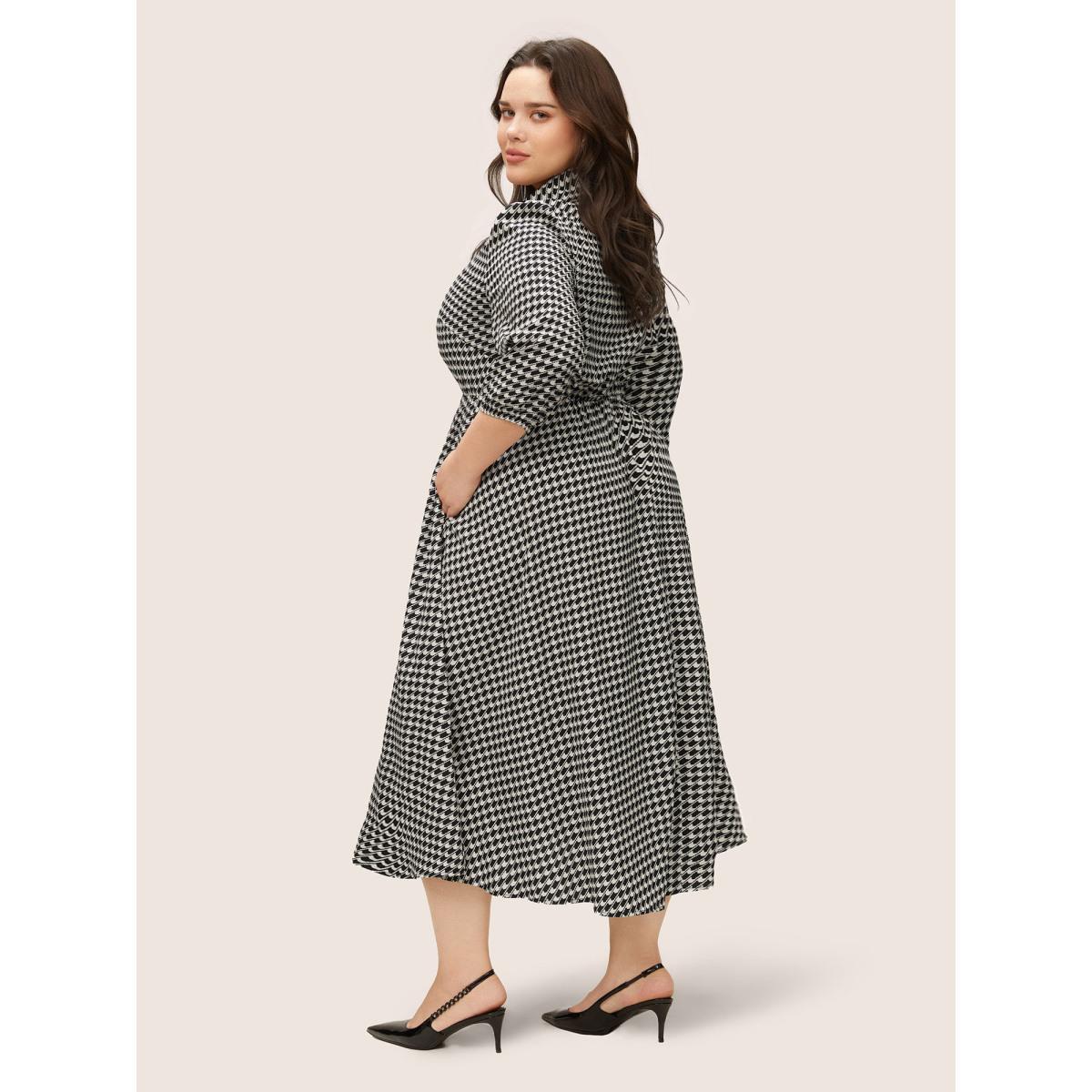 Plus Size Geometric Colorblock Lapel Collar Elastic Waist Dress Black Women At the Office Non Lapel Collar Elbow-length sleeve Curvy Midi Dress BloomChic 14-16/1X Product Image