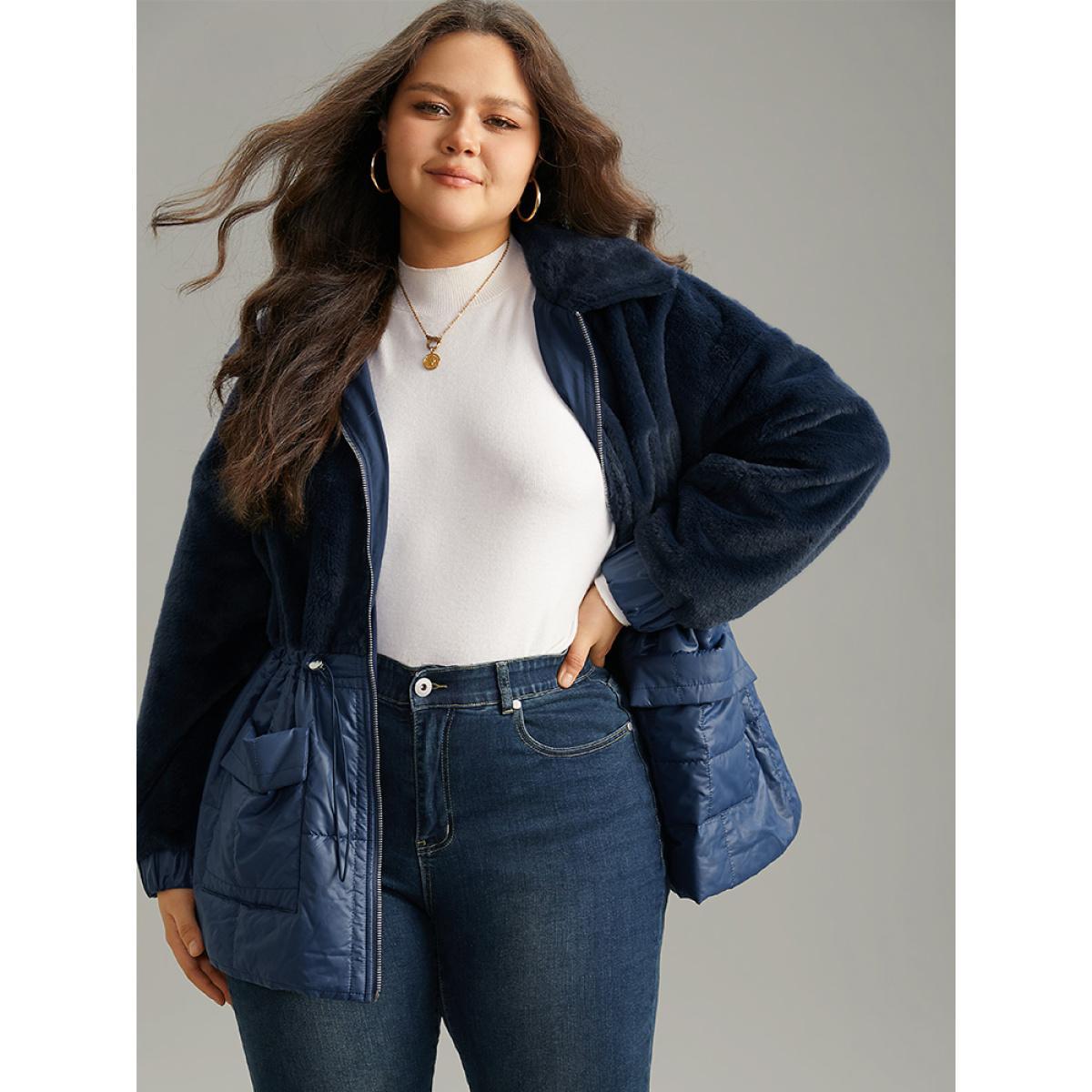 Plus Size Fuzzy Patchwork Zipper Drawstring Coat Women Indigo Casual Plain Ladies Dailywear Winter Coats BloomChic 30/6X Product Image