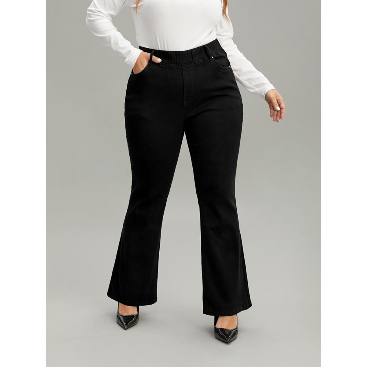 Plus Size Black Wash Pocket Flare Leg Jeans Women Black Casual Plain Plain High stretch Pocket Jeans BloomChic 20/2X Product Image