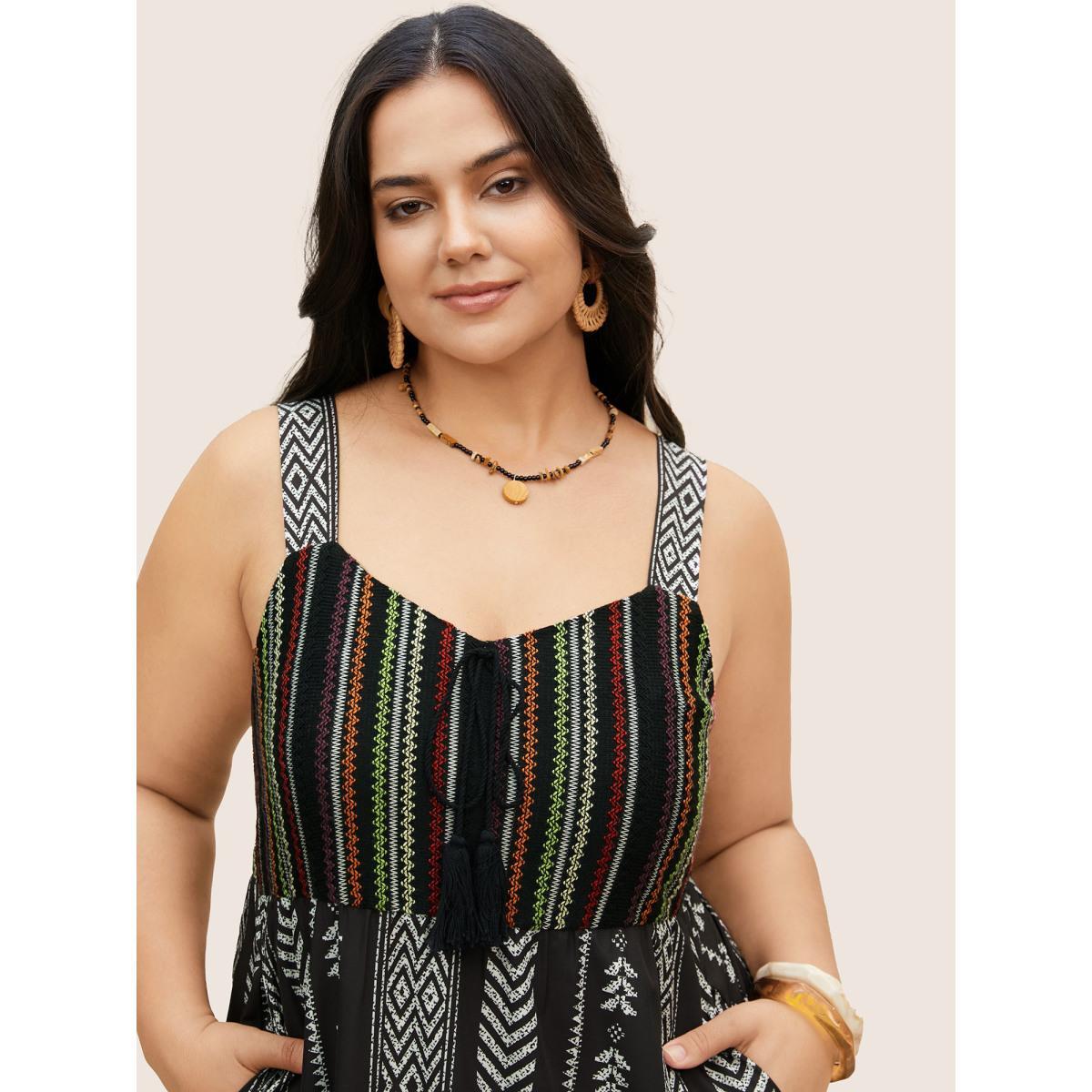 Plus Size Crocheted Bandana Striped Tassel Trim Dress Black Women Resort Non Sleeveless Curvy BloomChic 26/4X Product Image