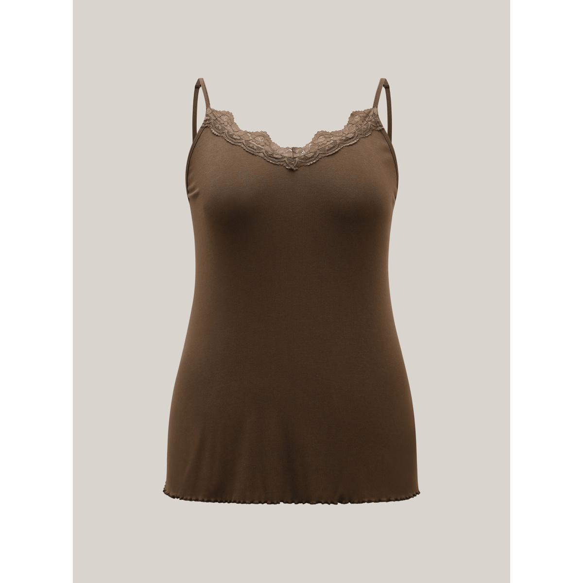 Plus Size Modal Lace Detail Fitted Tank Top Women DarkBrown Woven ribbon&lace trim Non Everyday-Elegant Tank Tops Camis BloomChic 14-16/1X Product Image