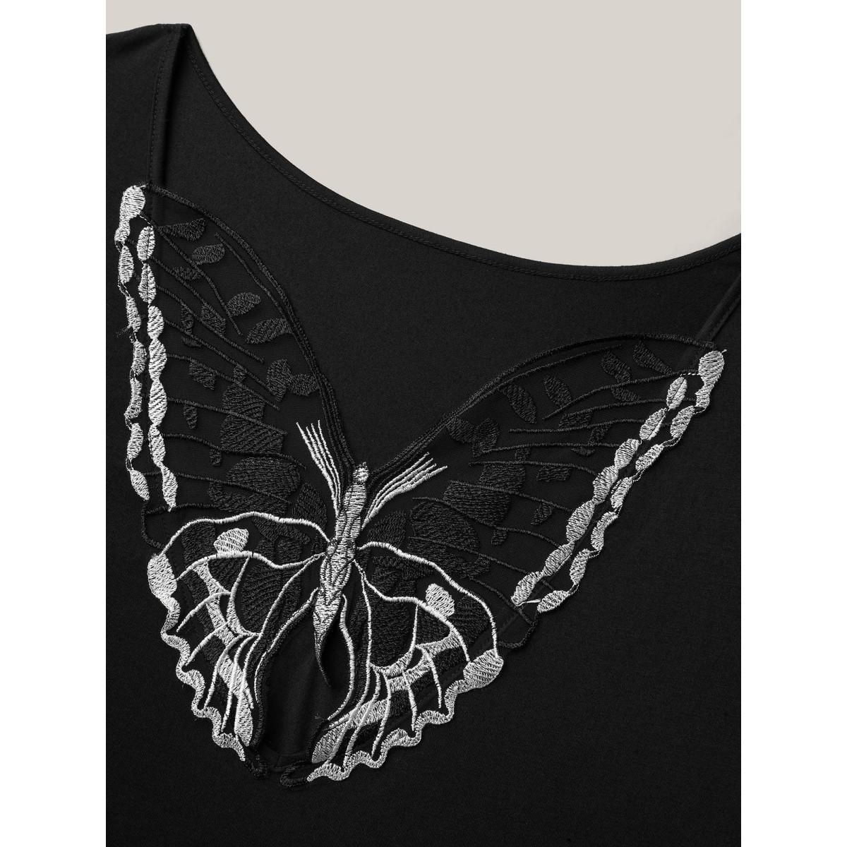 Plus Size Butterfly Back Stretchy Round Neck T-Shirt Black Women Elegant See through Round Neck Everyday T-shirts BloomChic 18-20/2X Product Image