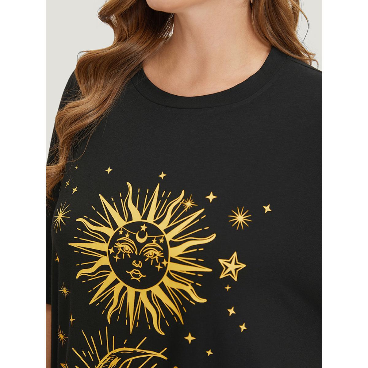 Plus Size Supersoft Essentials Star & Moon Print Pocket Crew Neck Dress Black Women Casual Plain Curvy Knee Dress BloomChic 22-24/3X Product Image