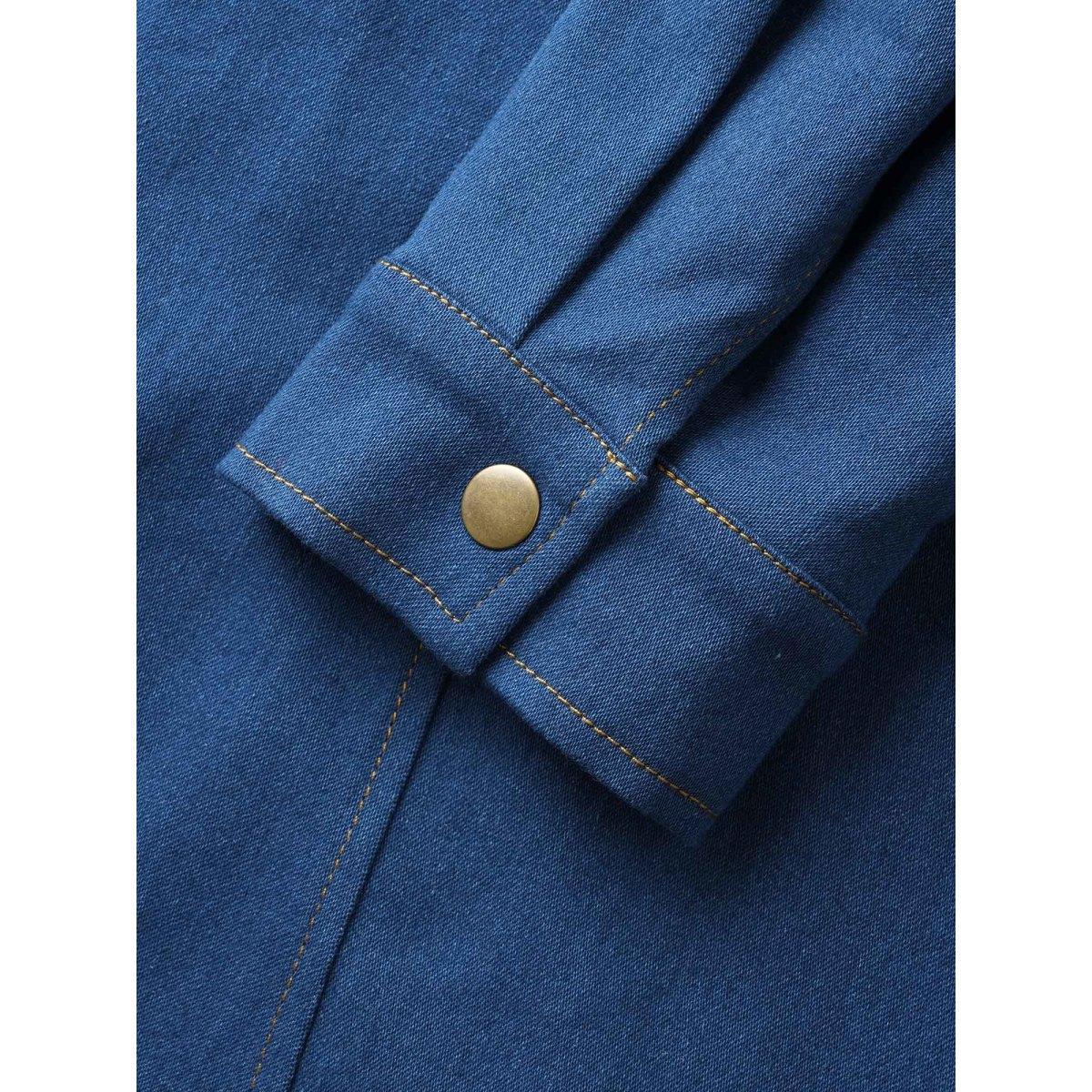 Plus Size Stretch Denim Chest Flaps Waist Defining Midi Dress Denimindigo Women Button Vacation Side seam pocket Resort Denim Dresses BloomChic 14-16/1X Product Image