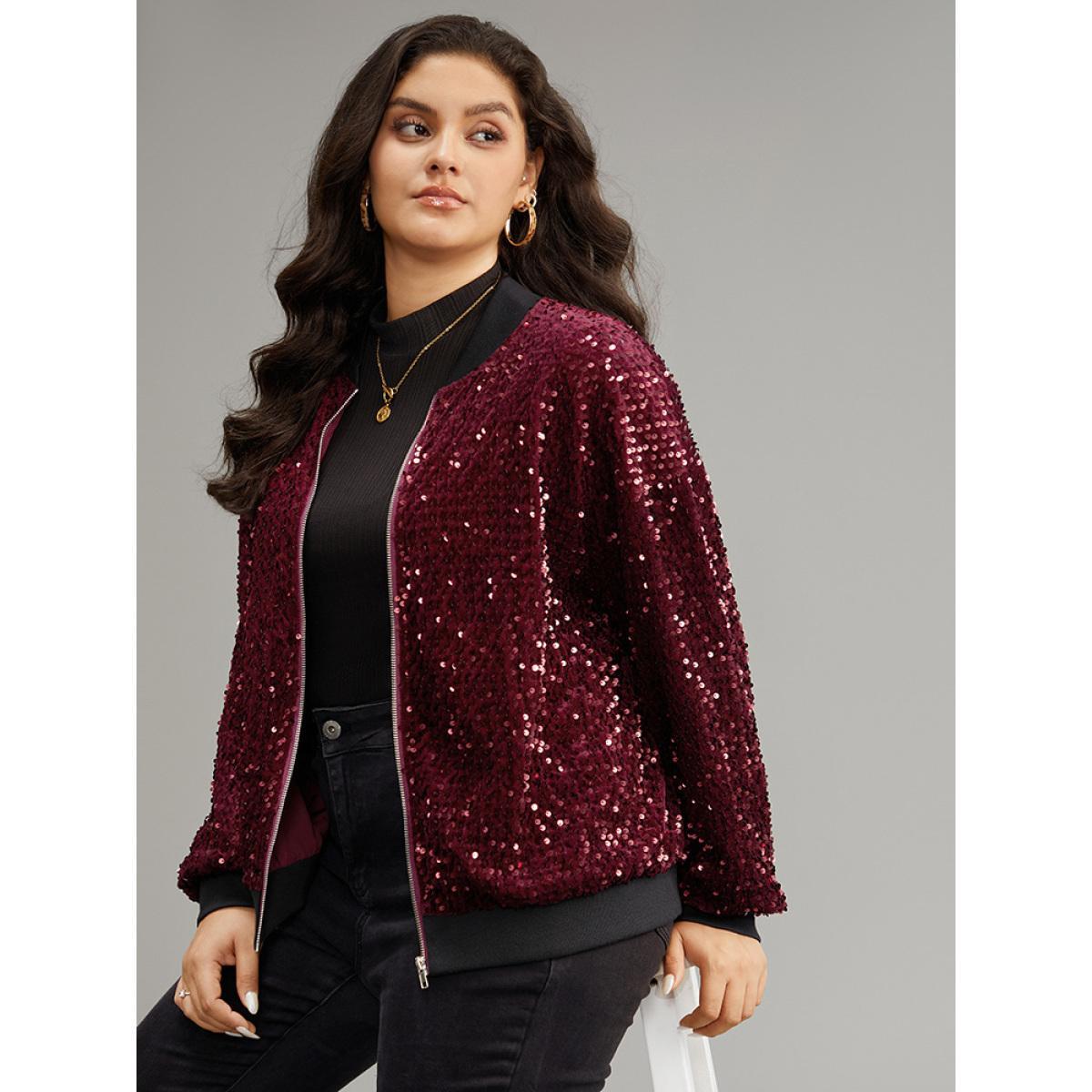Plus Size Sequin Zipper Patchwork Contrast Bomber Jacket Women Burgundy Contrast Dailywear Jackets BloomChic 22-24/3X Product Image
