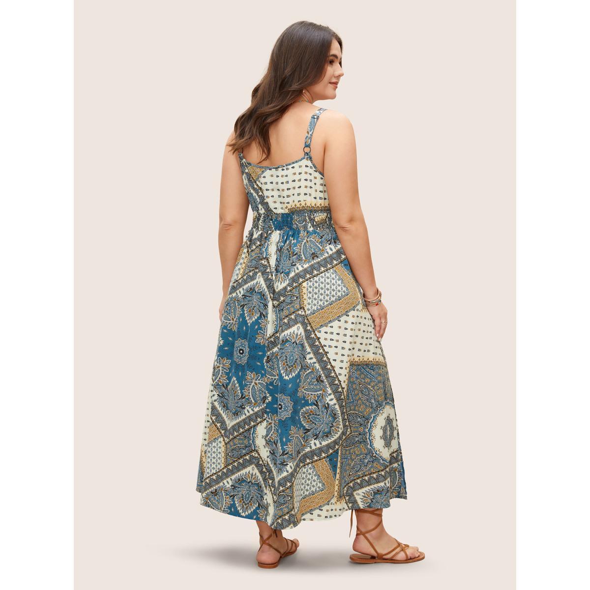 Plus Size Bandana Print Ruched Split Hem Cami Dress Cerulean Women Resort V-neck Sleeveless Curvy BloomChic 28/5X Product Image