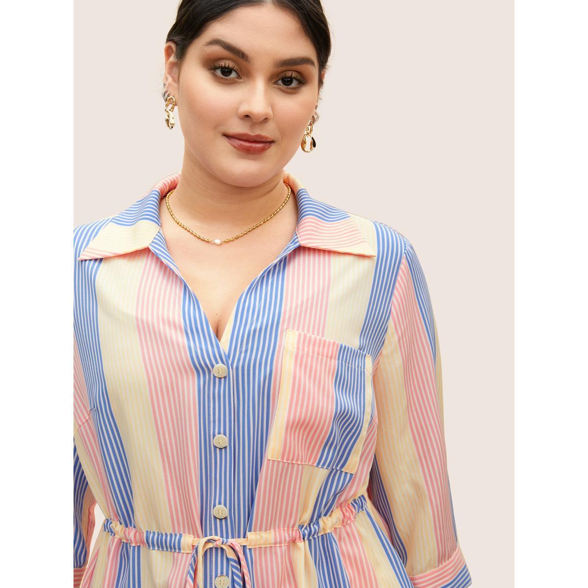 Plus Size Multicolor Contrast Striped Drawstring Patched Pocket Blouse Women Casual Elbow-length sleeve Shirt collar Everyday Blouses BloomChic 14-16/1X Product Image