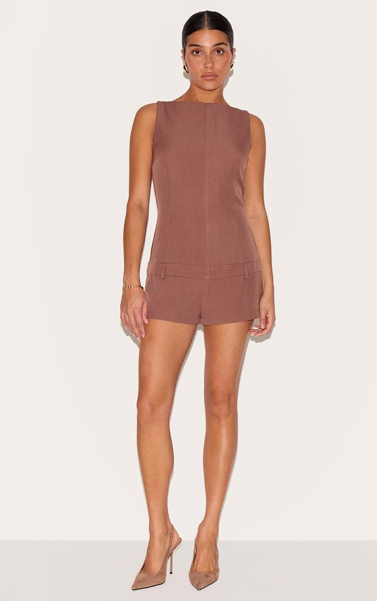 Petite Mocha Tailored Boat Neck Romper Product Image