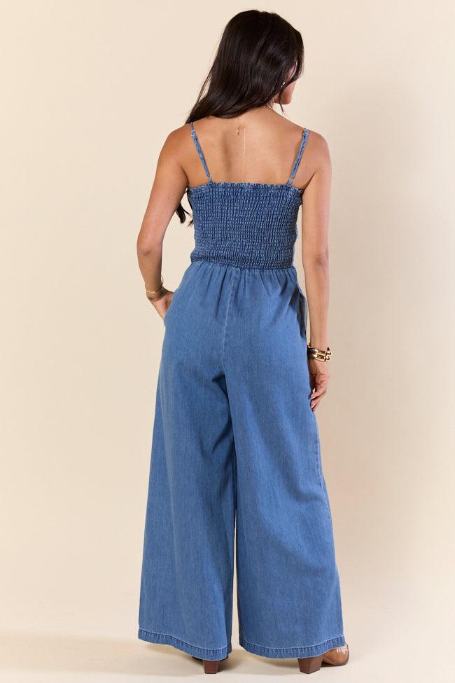 Showstopper Denim Smocked Jumpsuit SALE Product Image