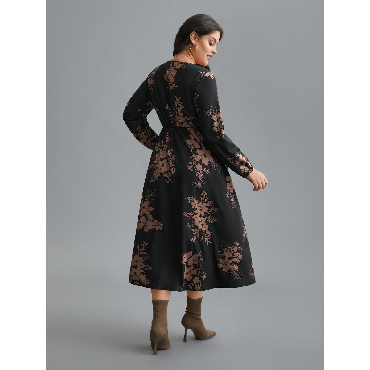 Plus Size Floral Square Neck Pocket Midi Dress Black Women Elegant Non Square Neck Long Sleeve Curvy BloomChic 28/5X Product Image