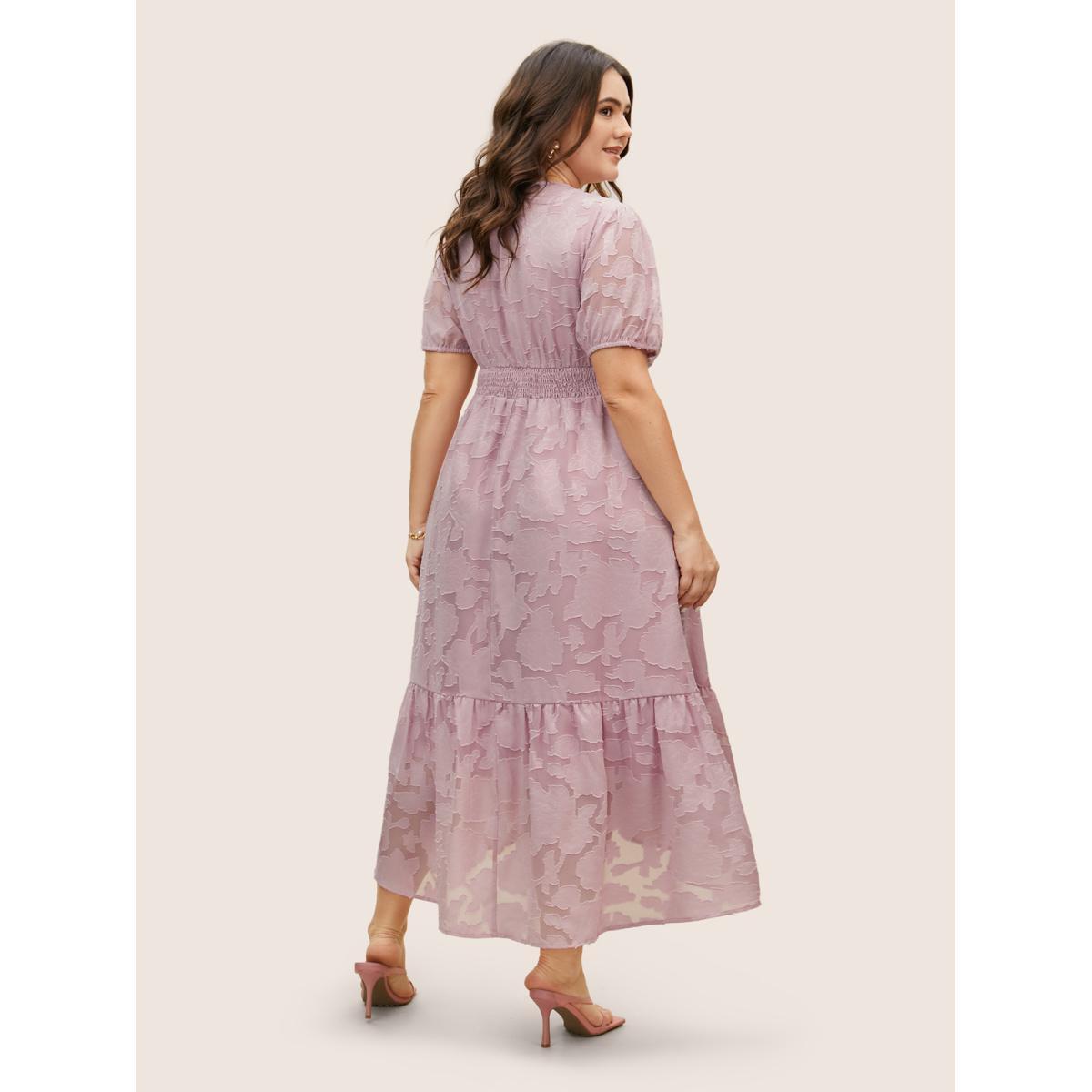 Plus Size Solid Textured Lantern Sleeve Button Detail Dress Lightpink Women Elegant Button V-neck Short sleeve Curvy BloomChic 18-20/2X Product Image