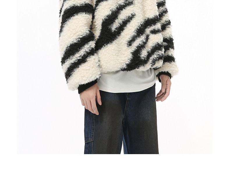 Couple Matching Crew Neck Zebra Print Faux Shearling Sweatshirt Product Image