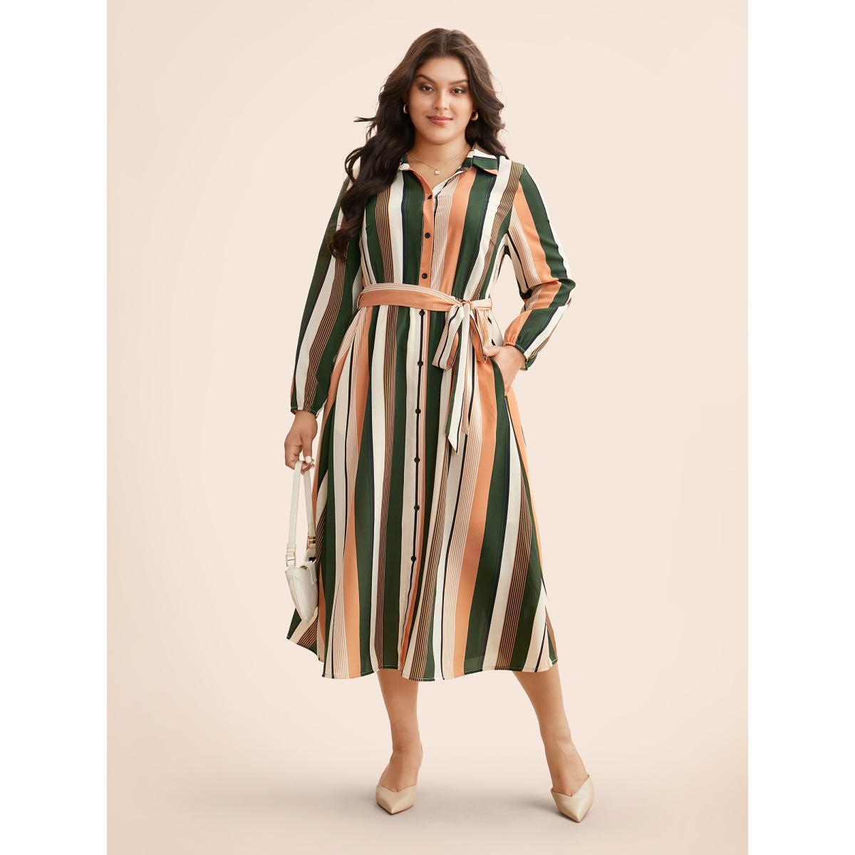 Plus Size Contrast Striped Belted Midi Dress Multicolor Women At the Office Belted Shirt collar Long Sleeve Curvy BloomChic 26/4X Product Image