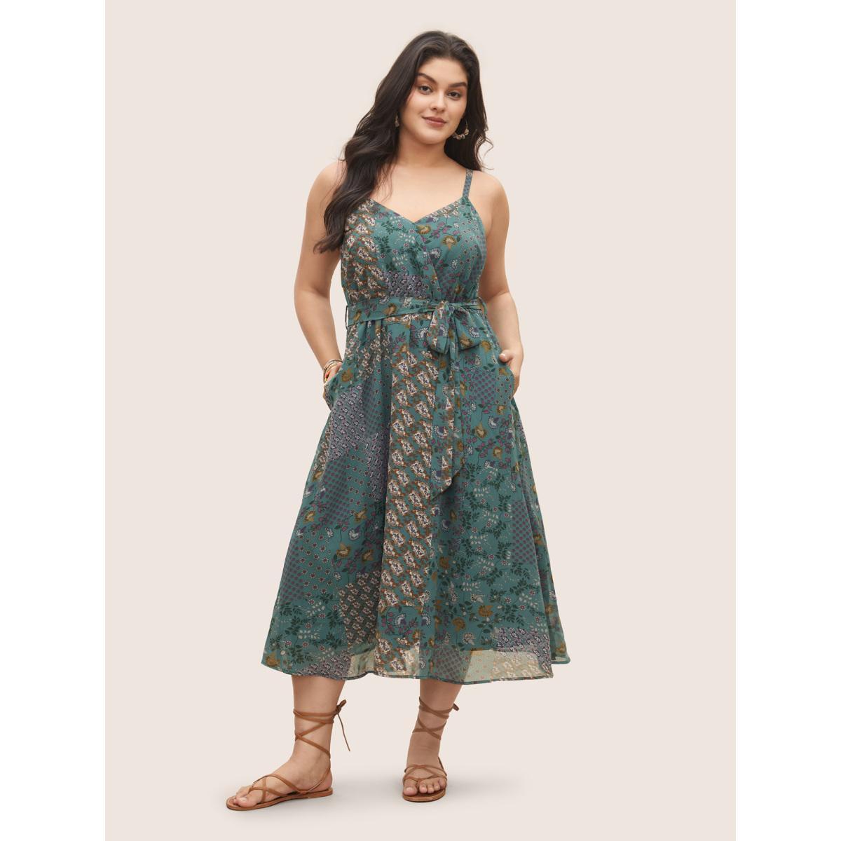 Plus Size Chiffon Boho Print Wrap Belted Cami Dress Emerald Women Elegant Non Spaghetti Strap Sleeveless Curvy Midi Dress BloomChic 12/L Product Image