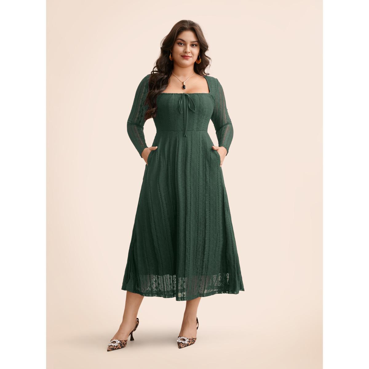 Plus Size Lace Panel Square Neck Tie Knot Dress DarkGreen Women Elegant Tie knot Square Neck Long Sleeve Curvy BloomChic 28/5X Product Image