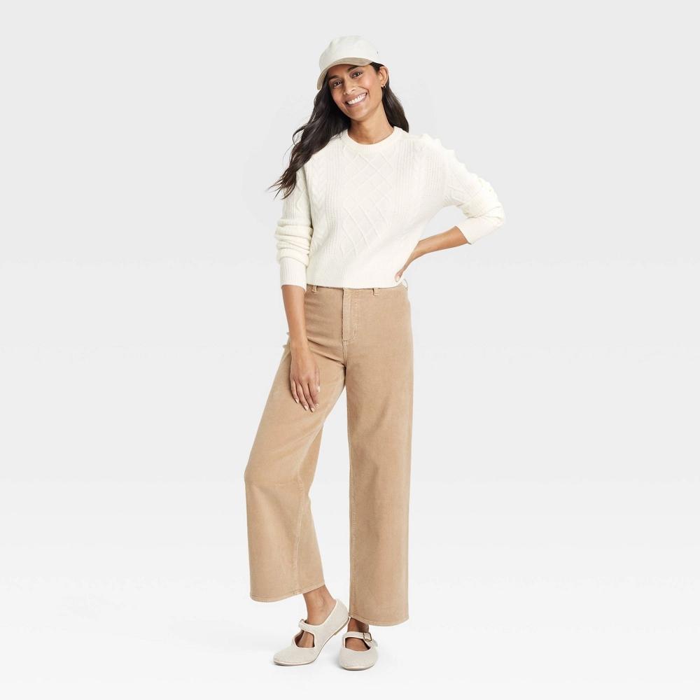 Women's Crewneck Cashmere-Like Cable Pullover Sweater - Universal Thread™ Cream L Product Image