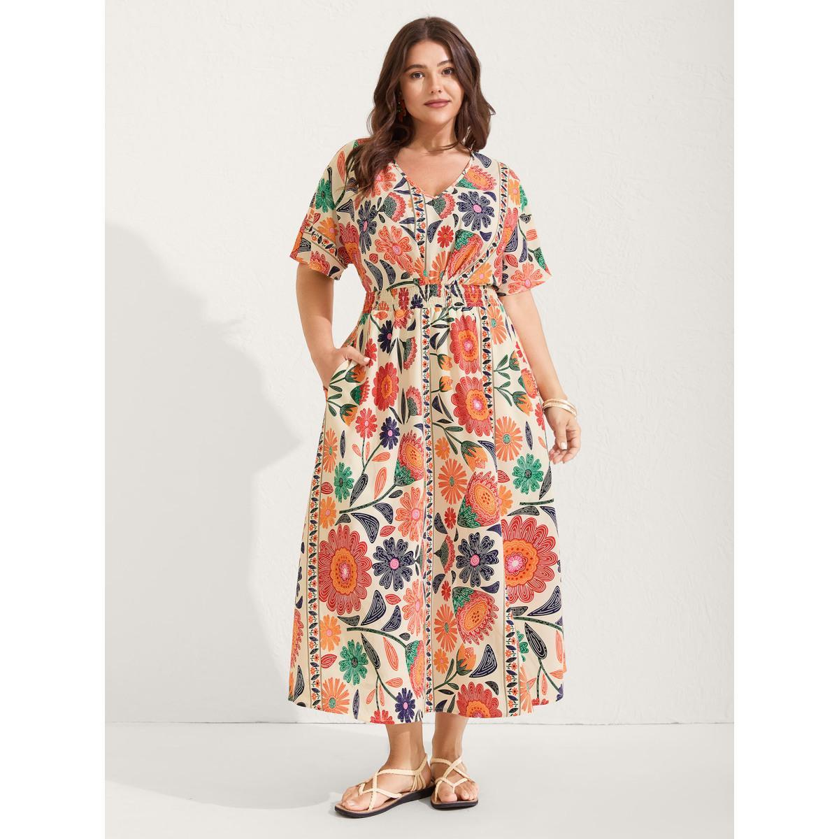 Plus Size Floral Print Gathered Waist Pleated Midi Dress Multicolor Women V-neck Half Sleeve Curvy BloomChic 30/6X Product Image
