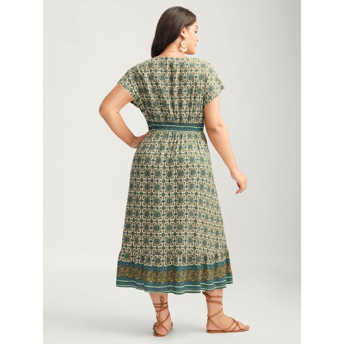Plus Size Rayon Floral Boho Print Pockets Midi Dress Multicolor Women Shirred V-neck Short sleeve Curvy BloomChic 28/5X Product Image