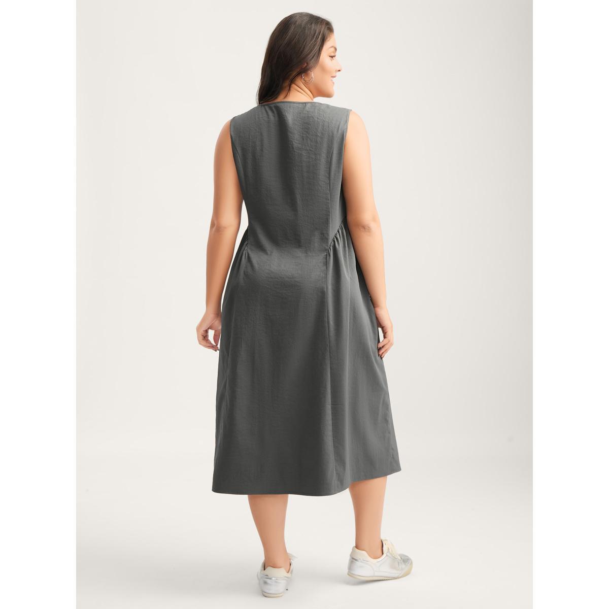 Plus Size Solid Pleated Drop Waist Midi Dress DimGray Women Gathered V-neck Sleeveless Curvy BloomChic 12/L Product Image
