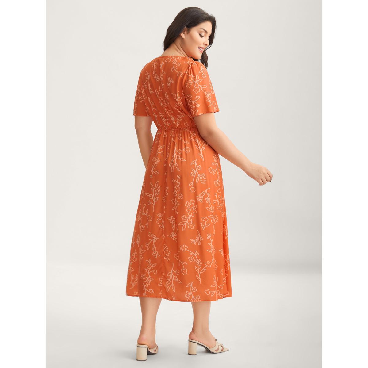 Plus Size Rayon Silhouette Floral Print Midi Dress Rust Women Overlap Collar Short sleeve Curvy BloomChic 14-16/1X Product Image