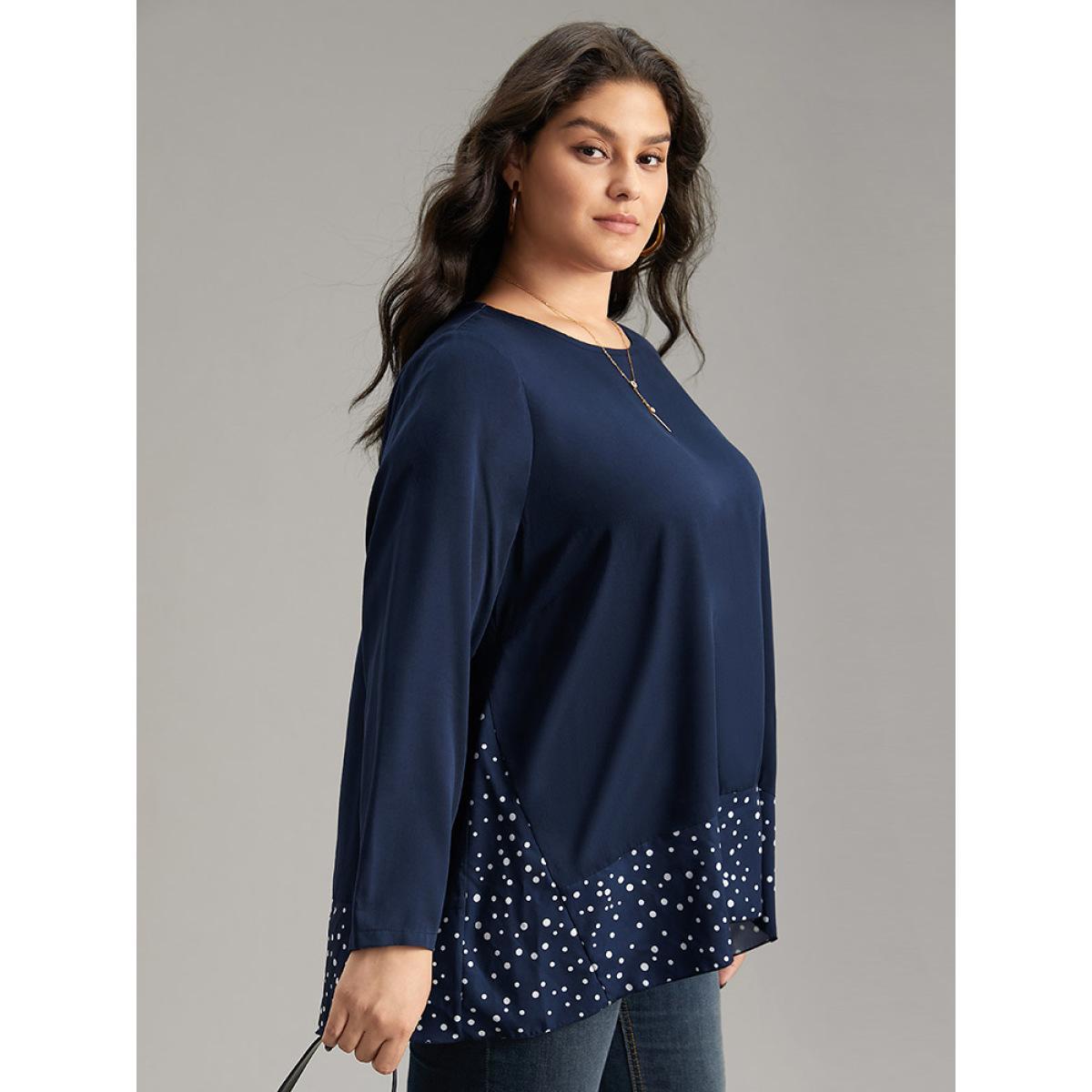 Plus Size Indigo Polka Dot Patchwork Long Sleeve Blouse Women Office Long Sleeve Round Neck Work Blouses BloomChic 12/L Product Image