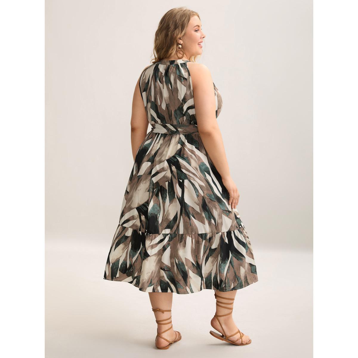 Plus Size Leaf Print Halter Neck Tiered Midi Dress DarkGreen Women Resort Belted Round Neck Sleeveless Curvy BloomChic 22-24/3X Product Image