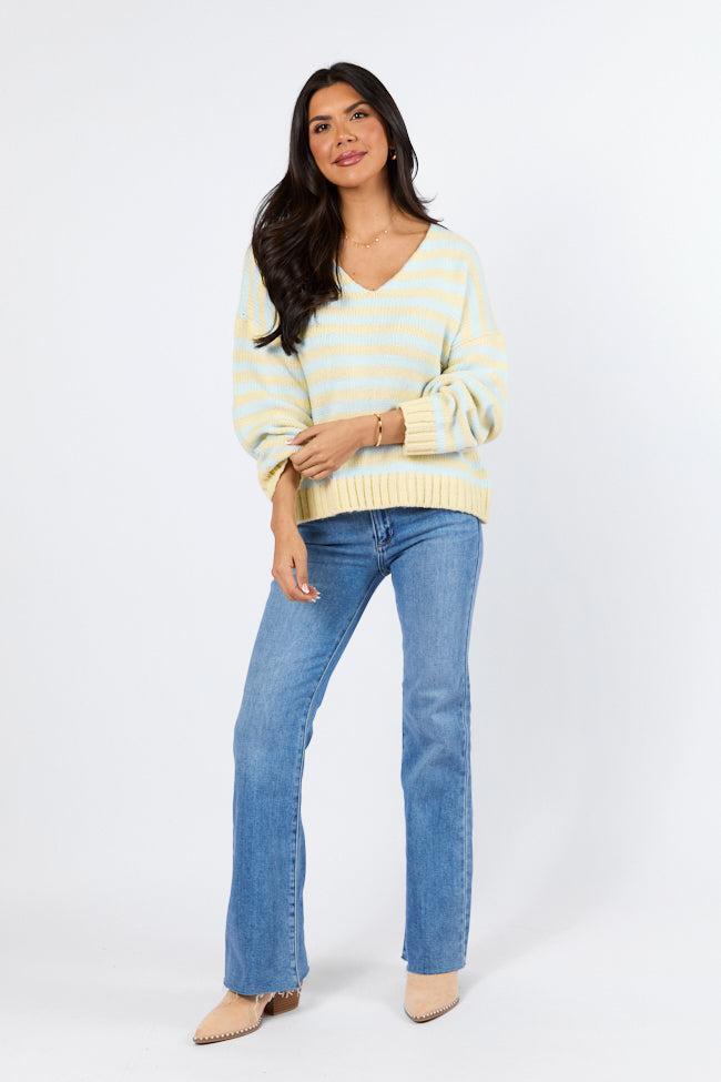 Wait A Minute Yellow and Blue Multi Striped V-Neck Sweater FINAL SALE Product Image