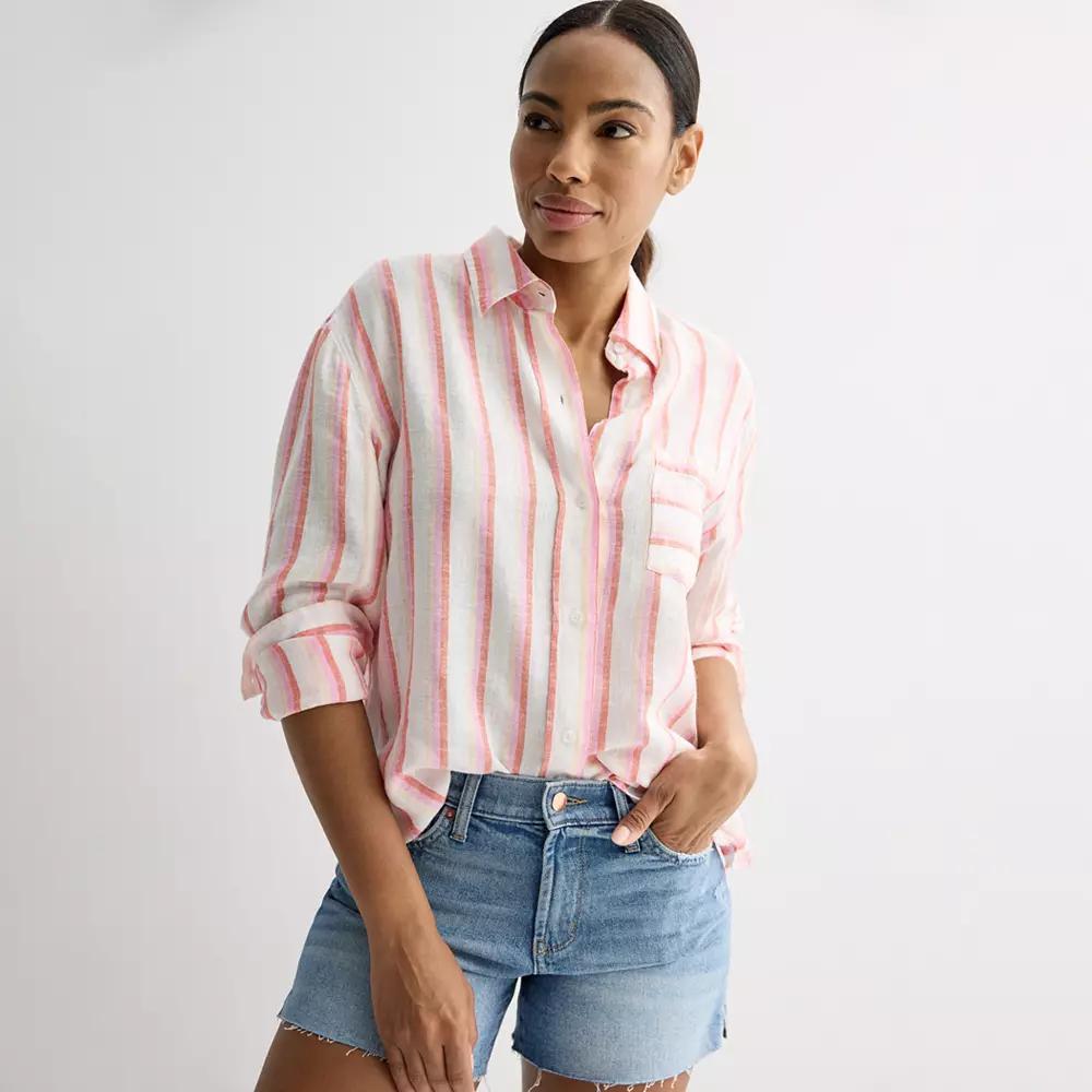 Petite Sonoma Goods For Life® Linen Boyfriend Shirt, Women's, Size: XXL Petite, Multi Pink Stripe Product Image