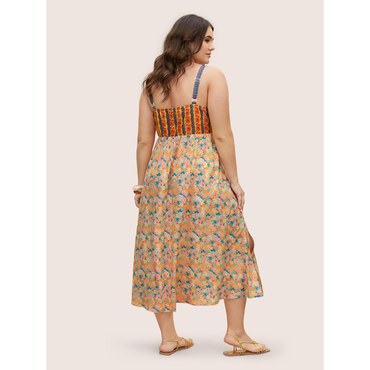 Plus Size Boho Print Elastic Waist Split Hem Dress Lightorange Women Resort Patchwork Non Sleeveless Curvy BloomChic 30/6X Product Image