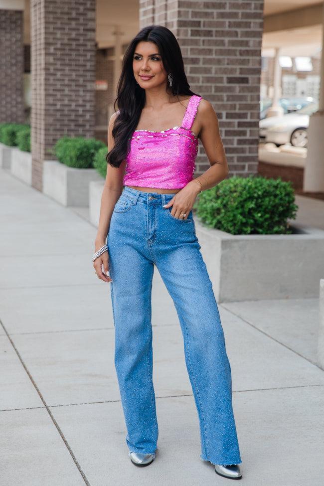 Campbell Medium Wash Rhinestone Detail Wide Leg Jeans FINAL SALE Product Image