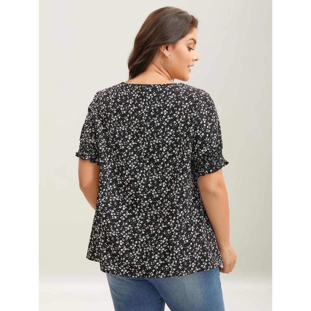 Plus Size Black Ditsy Floral Print Curvy Hem Blouse Women Elegant Elbow-length sleeve Round Neck Everyday Blouses BloomChic 12/L Product Image